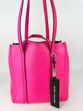 Marc Jacobs “The Tag” Neon Bright Pink Tote Bag Genuine Pebbled Leather